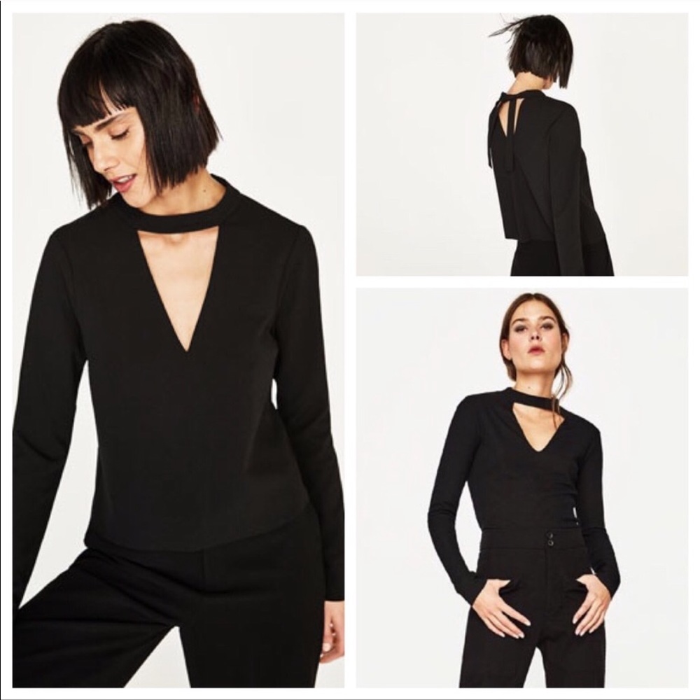 ZARA Choker Neck keyhole back tie top long sleeve